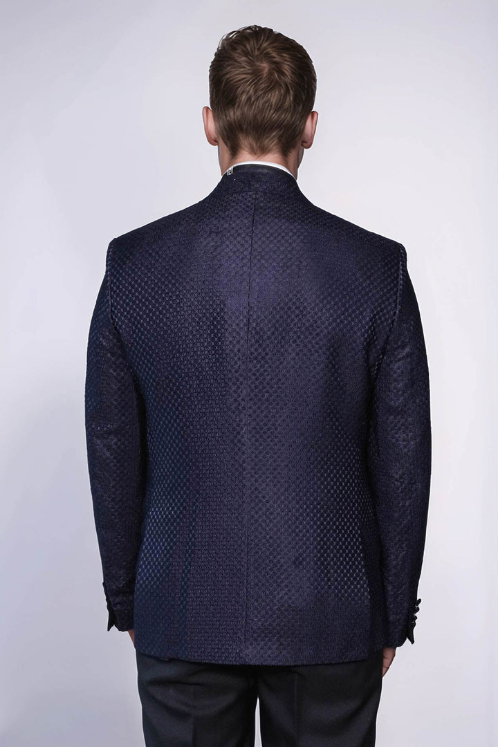 WSS Satin Shawl Lapel Textured Men's Navy Blue Tuxedo Jacket  - Thionville