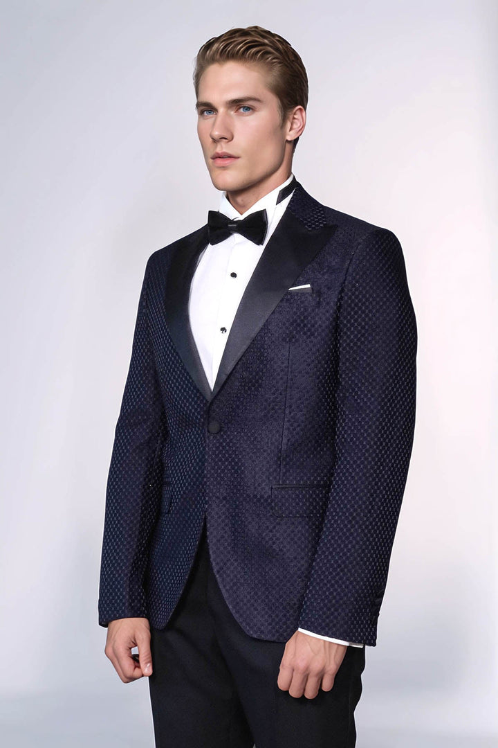 WSS Satin Shawl Lapel Textured Men's Navy Blue Tuxedo Jacket  - Rîbniţa