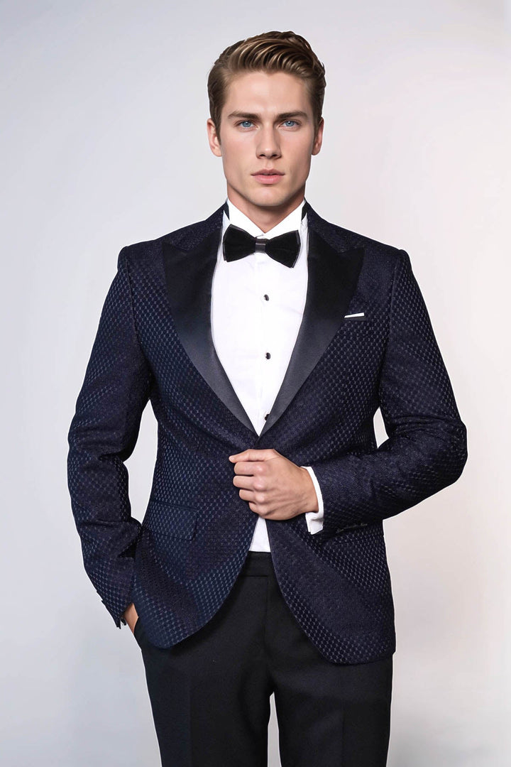 WSS Satin Shawl Lapel Textured Men's Navy Blue Tuxedo Jacket  - Rîbniţa