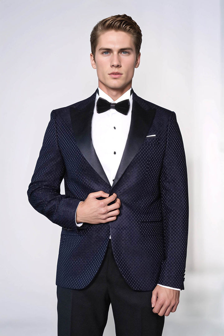 WSS Satin Shawl Lapel Textured Men's Navy Blue Tuxedo Jacket  - Rîbniţa