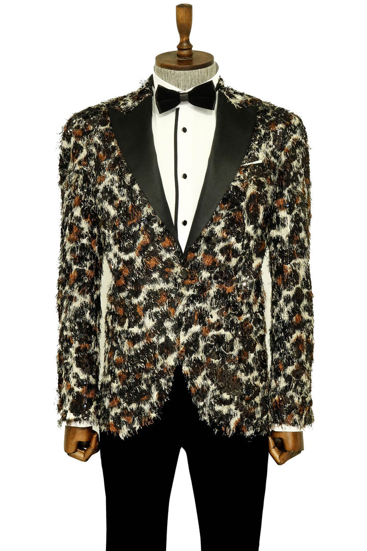 WSS White and Black Feather Patterned Men's Prom Jacket  - Singen