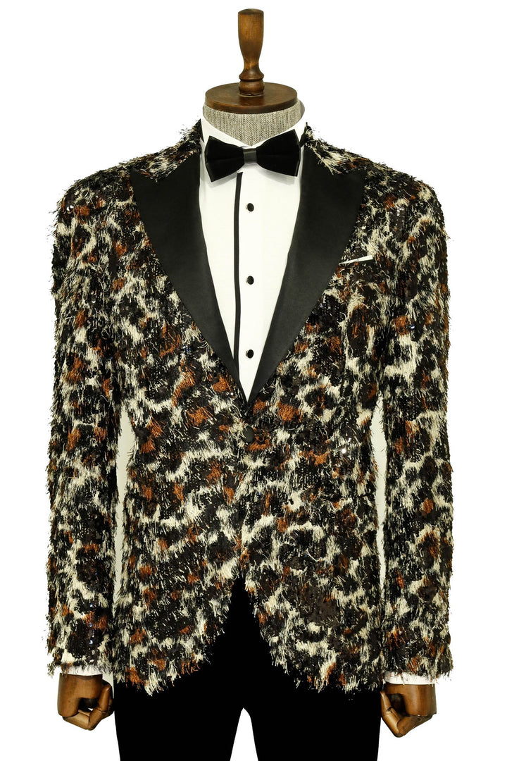 WSS White and Black Feather Patterned Men's Prom Jacket  - Singen