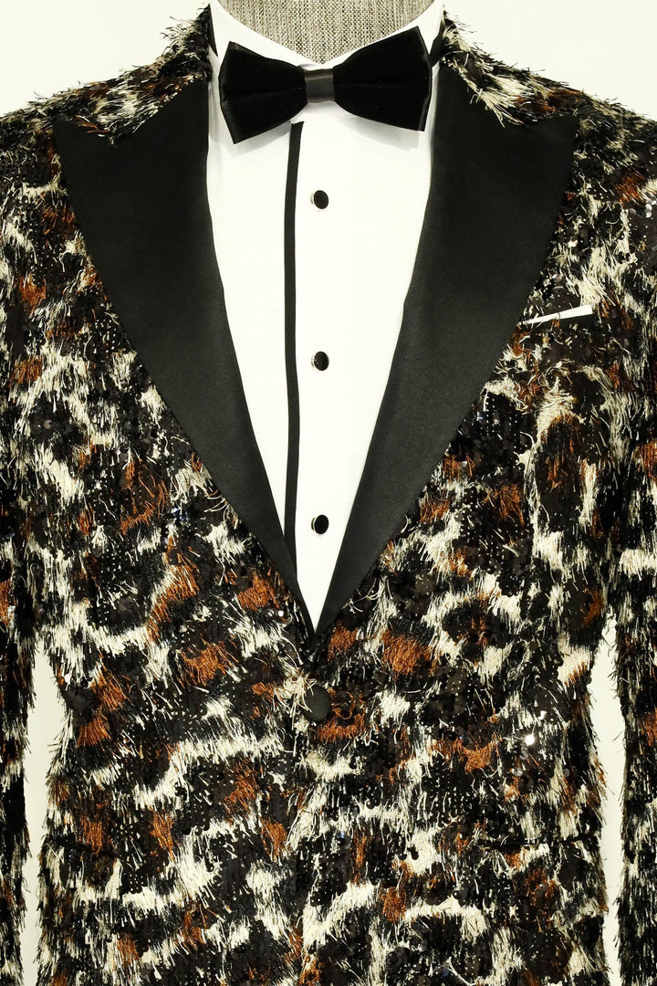 WSS White and Black Feather Patterned Men's Prom Jacket  - Singen