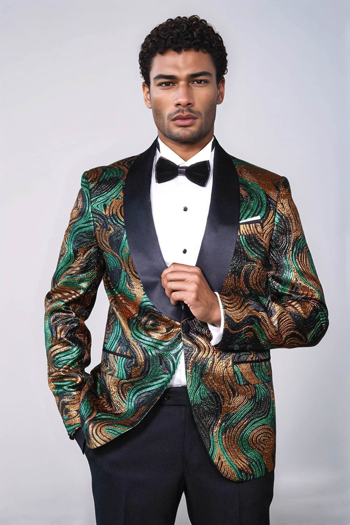 WSS Gold-Green Patterned Over Black Men Prom Blazer  - Baton Rouge