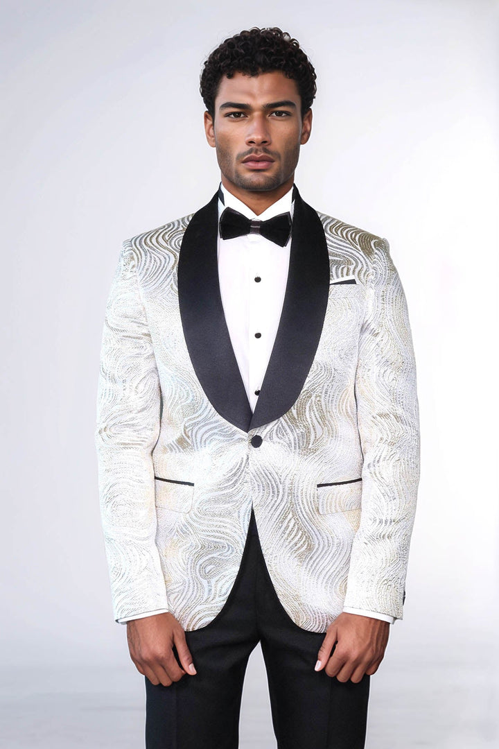 WSS Gold Patterned Over White Men Tuxedo Blazer  - Barletta