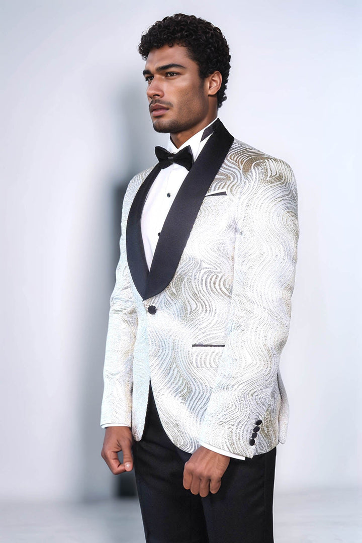 WSS Gold Patterned Over White Men Tuxedo Blazer  - Barletta