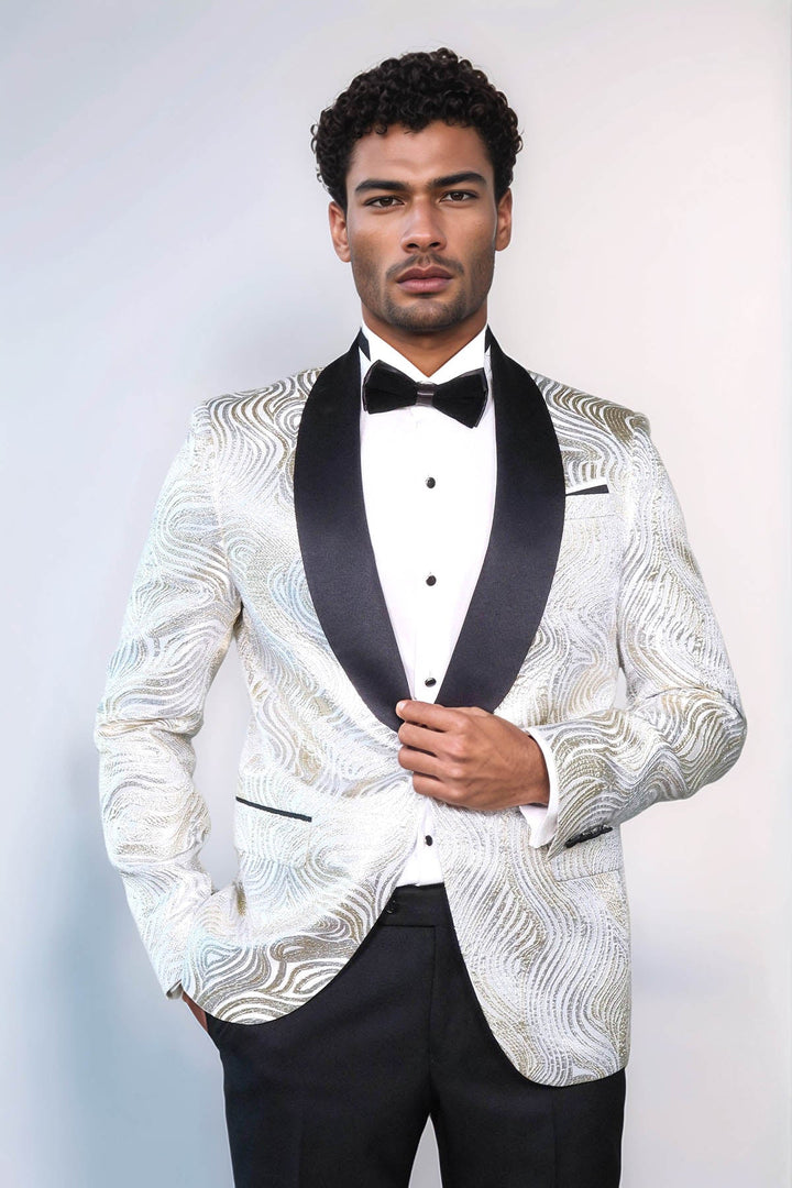 WSS Gold Patterned Over White Men Tuxedo Blazer  - Barletta