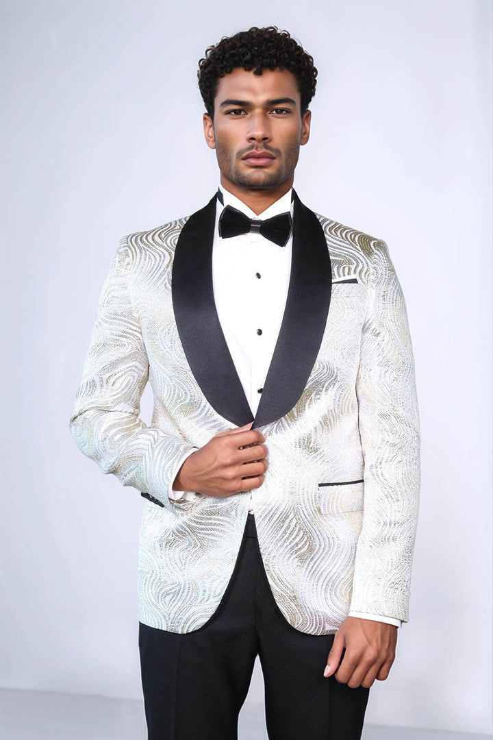 WSS Gold Patterned Over White Men Tuxedo Blazer  - Barletta