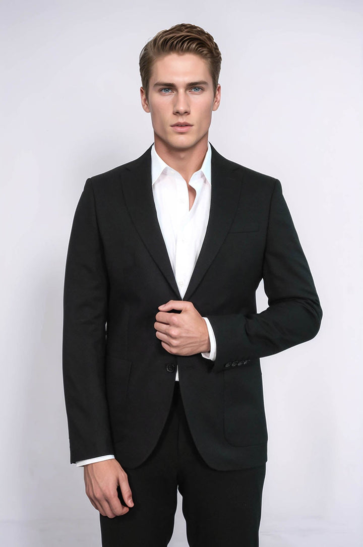 WSS Textured Slim Fit Peak Lapel Black Men Blazer  - South Brunswick