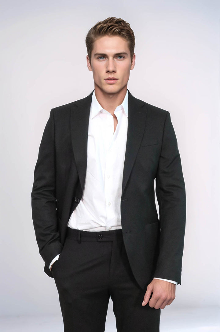 WSS Textured Slim Fit Peak Lapel Black Men Blazer  - South Brunswick