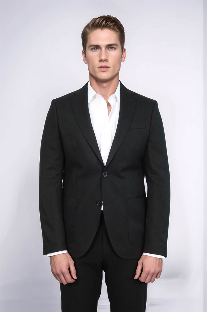 WSS Textured Slim Fit Peak Lapel Black Men Blazer  - South Brunswick