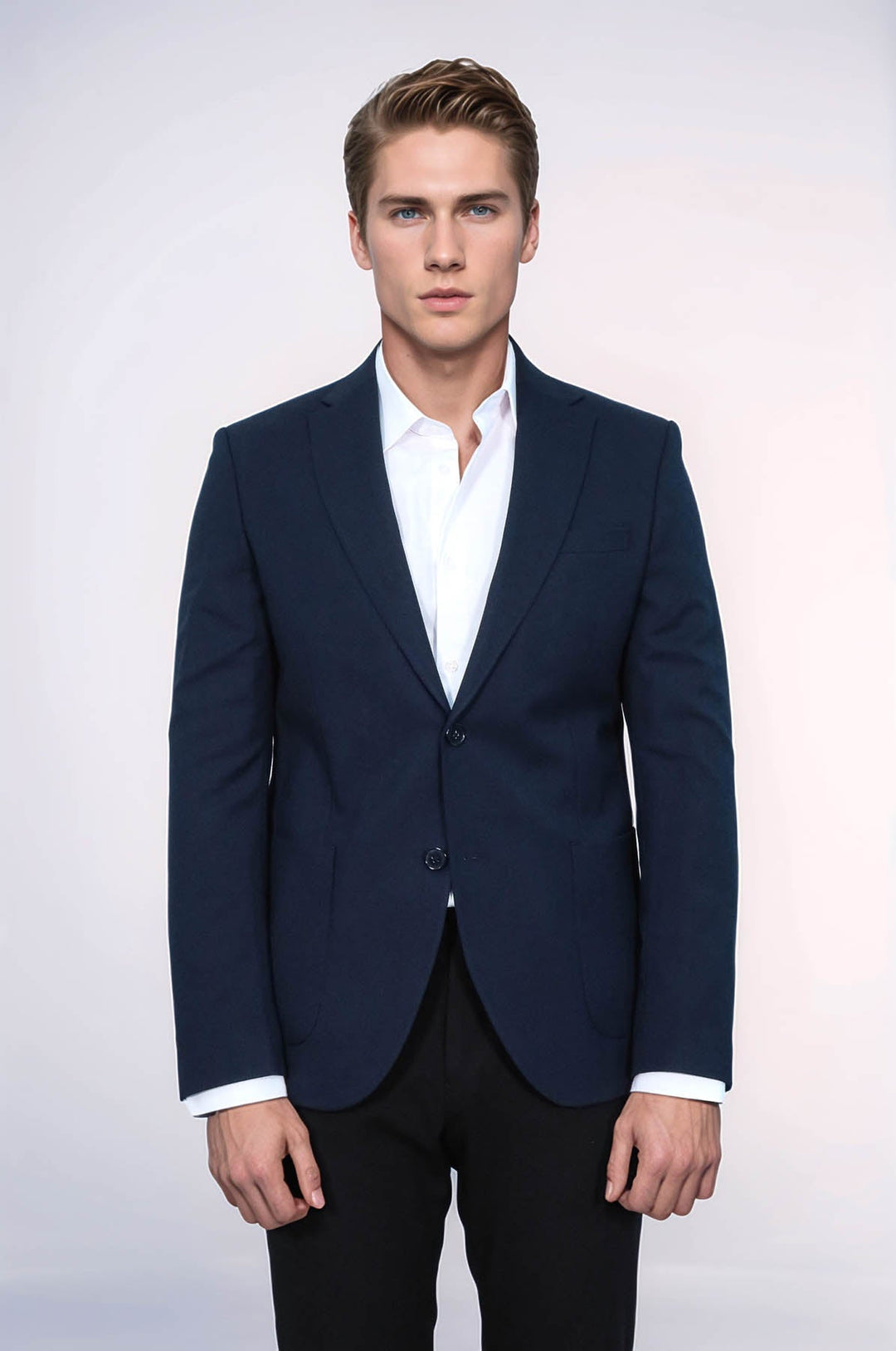 WSS Textured Slim Fit Peak Lapel Navy Blue Men Blazer  - Görlitz
