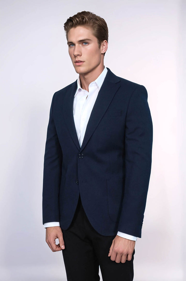 WSS Textured Slim Fit Peak Lapel Navy Blue Men Blazer  - Görlitz