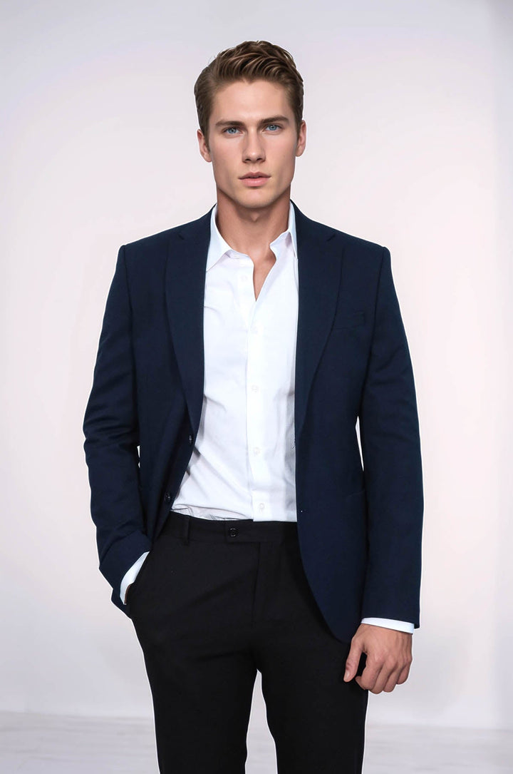 WSS Textured Slim Fit Peak Lapel Navy Blue Men Blazer  - Görlitz