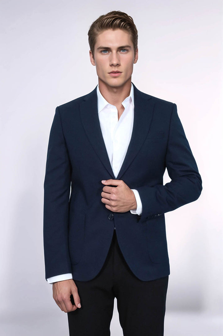 WSS Textured Slim Fit Peak Lapel Navy Blue Men Blazer  - Görlitz
