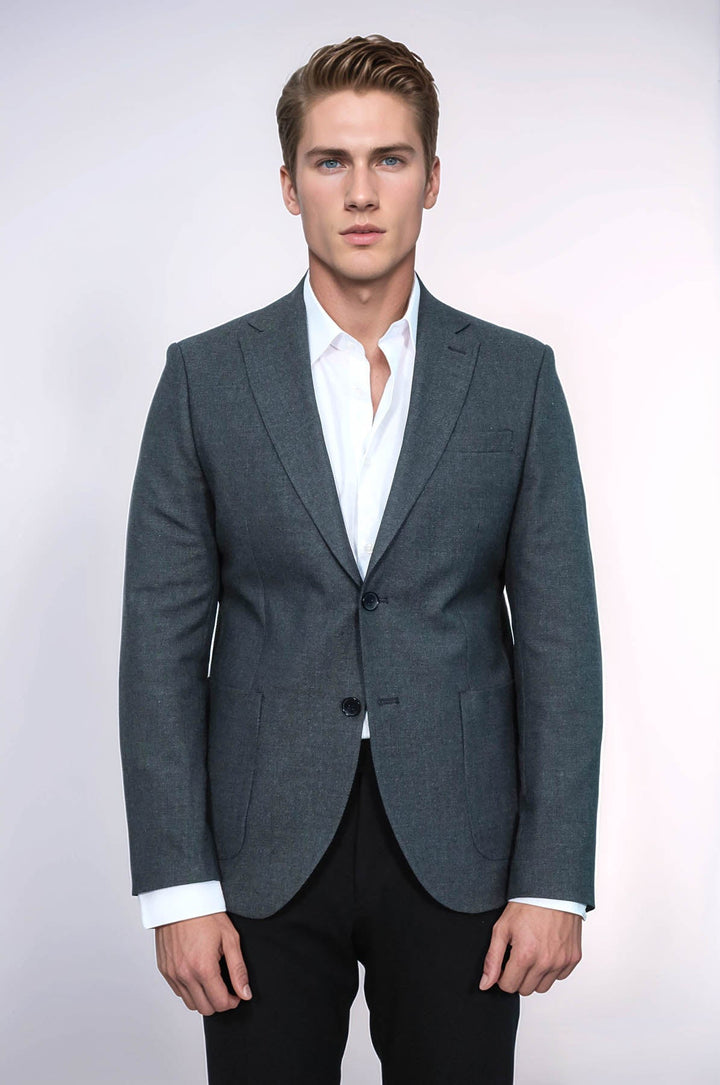 WSS Textured Slim Fit Peak Lapel Grey Men Blazer  - Ashton