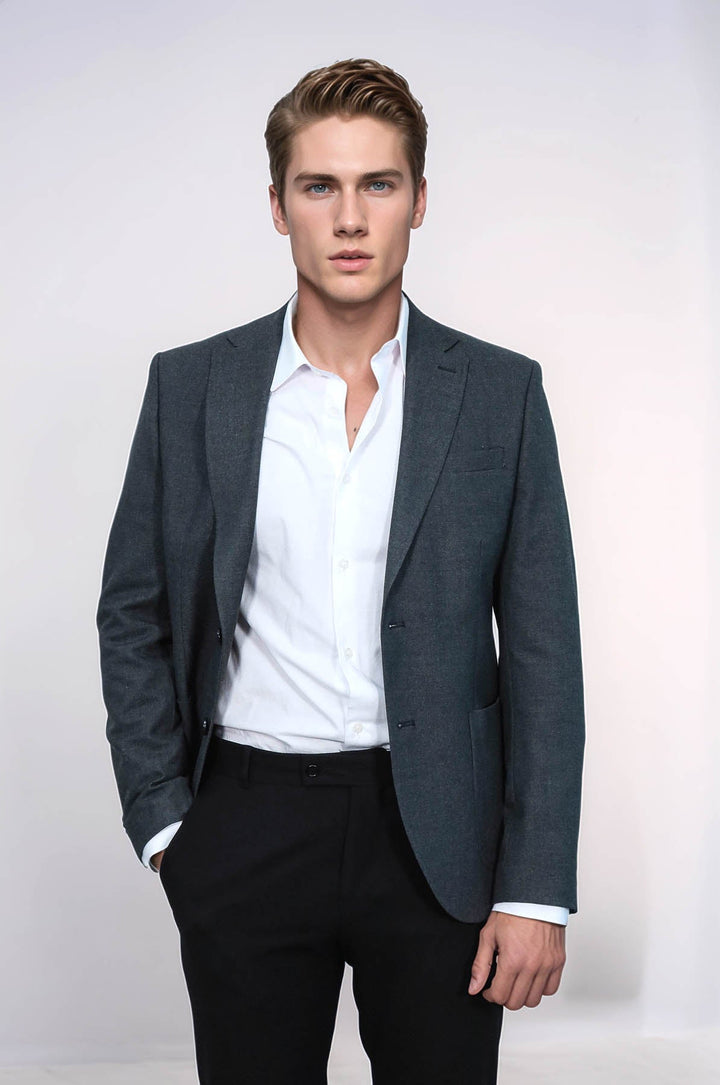 WSS Textured Slim Fit Peak Lapel Grey Men Blazer  - Ashton