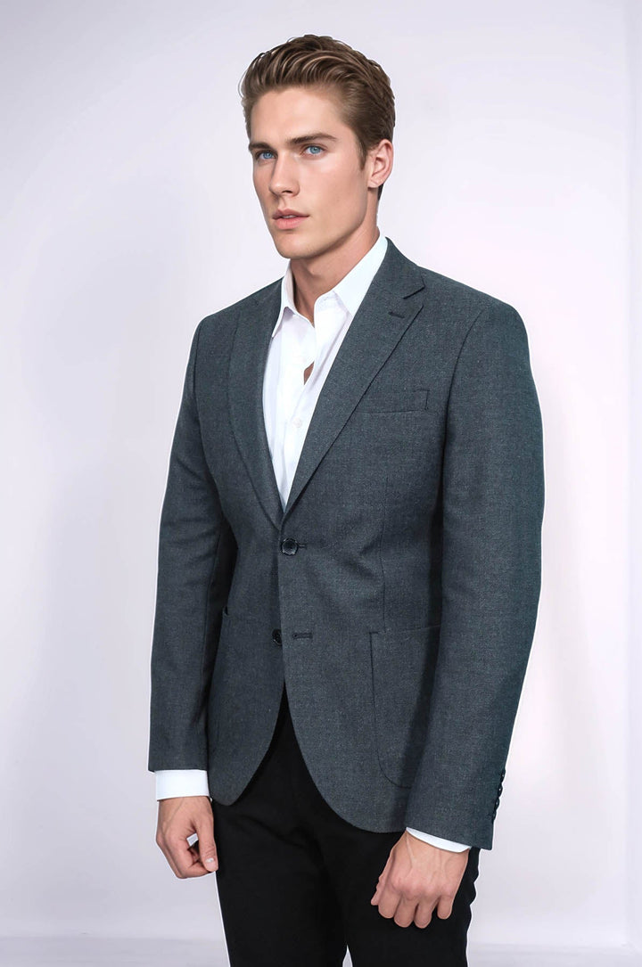 WSS Textured Slim Fit Peak Lapel Grey Men Blazer  - Ashton