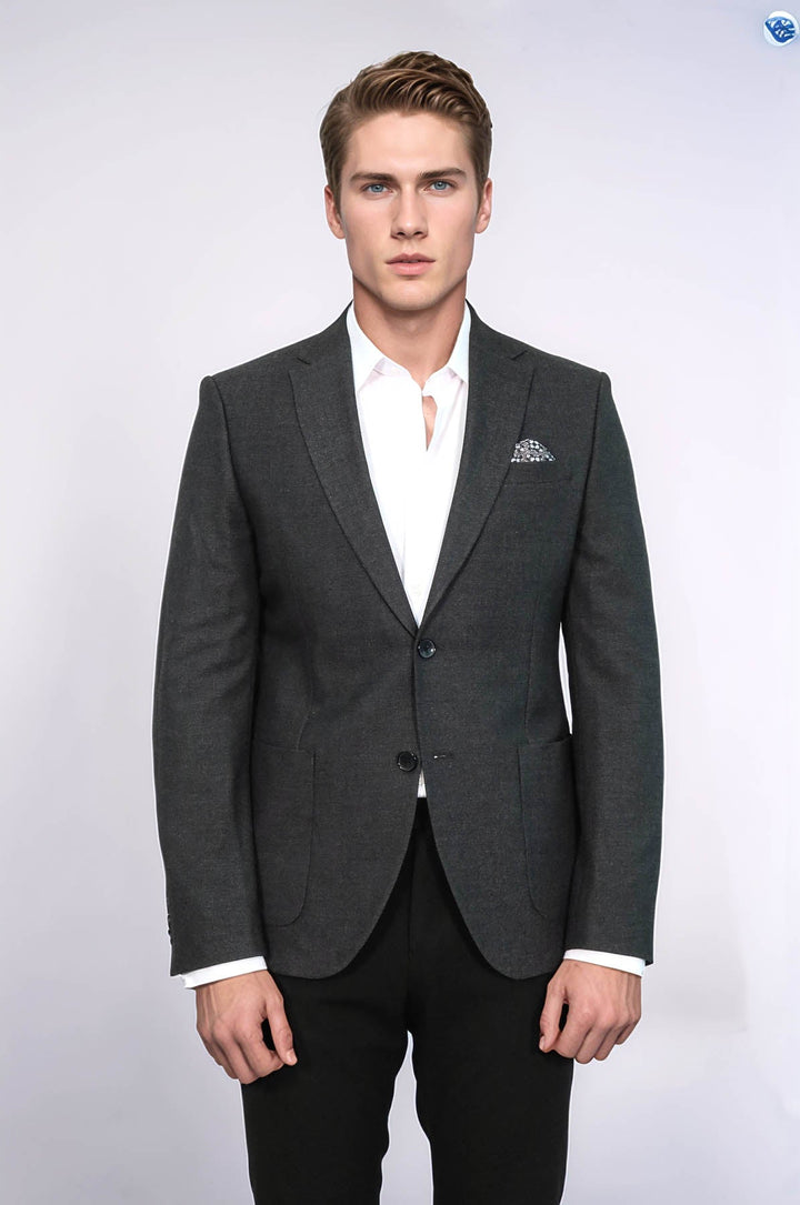 WSS Textured Slim Fit Peak Lapel Anthracite Men Blazer  - Villa del Carbón