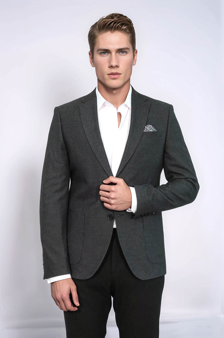 WSS Textured Slim Fit Peak Lapel Anthracite Men Blazer  - Villa del Carbón