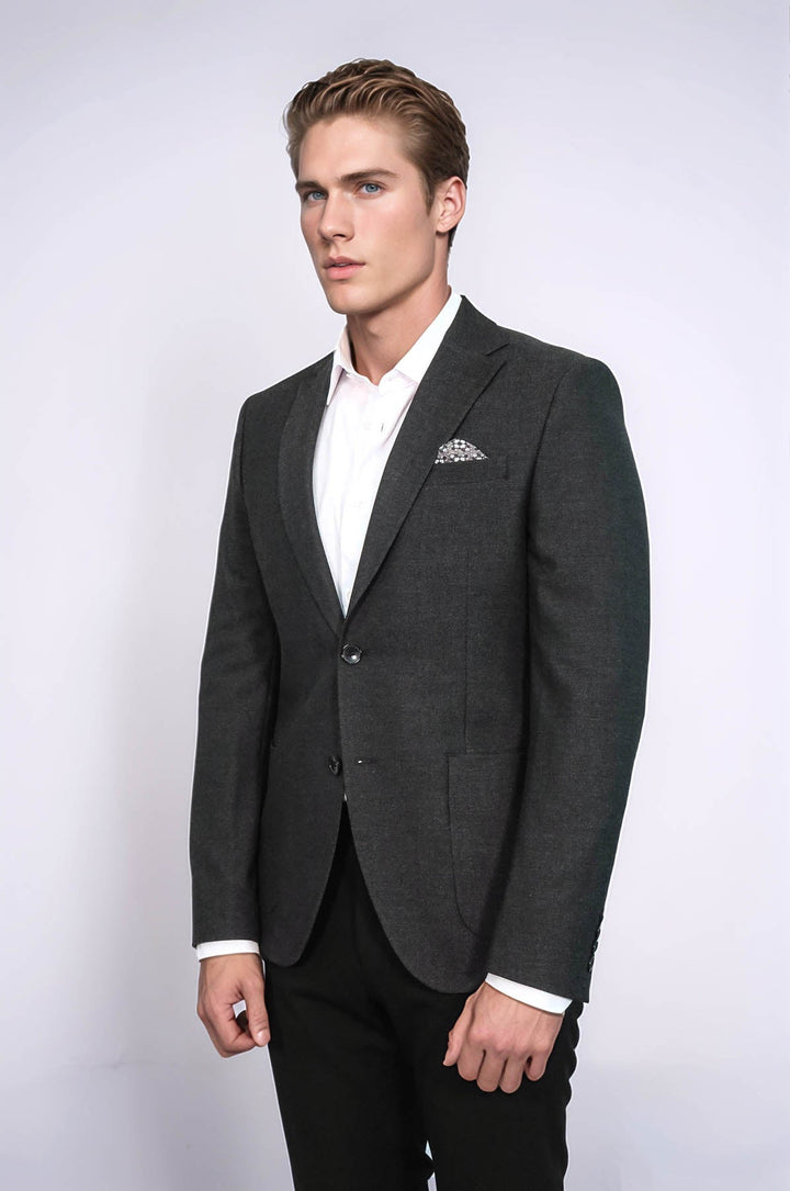 WSS Textured Slim Fit Peak Lapel Anthracite Men Blazer  - Villa del Carbón