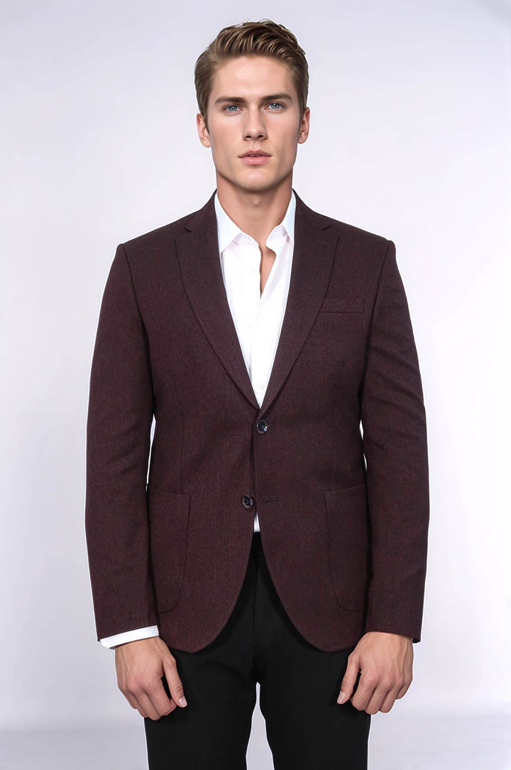WSS Textured Slim Fit Peak Lapel Burgundy Men Blazer  - St. Paul