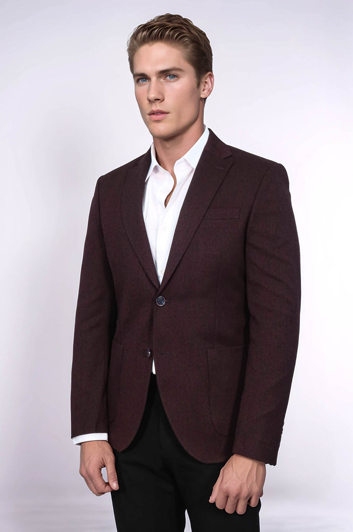 WSS Textured Slim Fit Peak Lapel Burgundy Men Blazer  - St. Paul