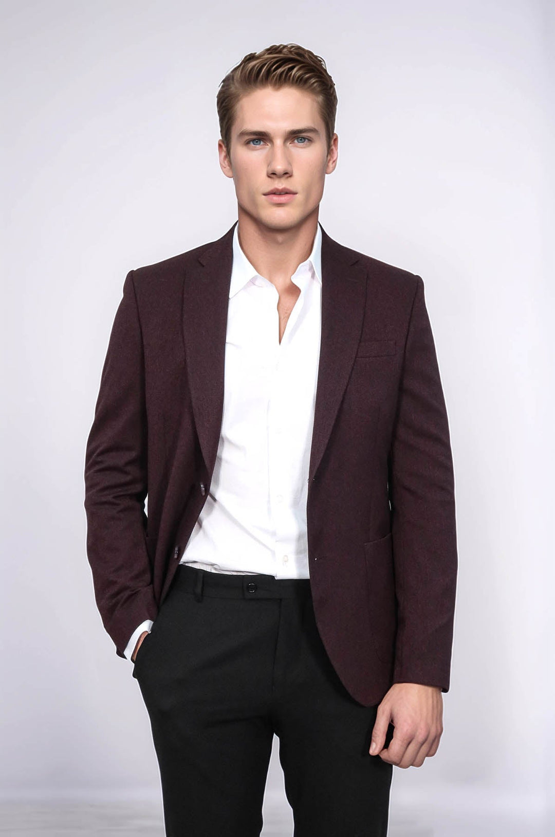 WSS Textured Slim Fit Peak Lapel Burgundy Men Blazer - Wedel Clos - Wholesale Clothing Supplier WSS Textured Slim Fit Peak Lapel Burgundy Men Blazer - Wedel Clos - Wholesale Clothing Supplier