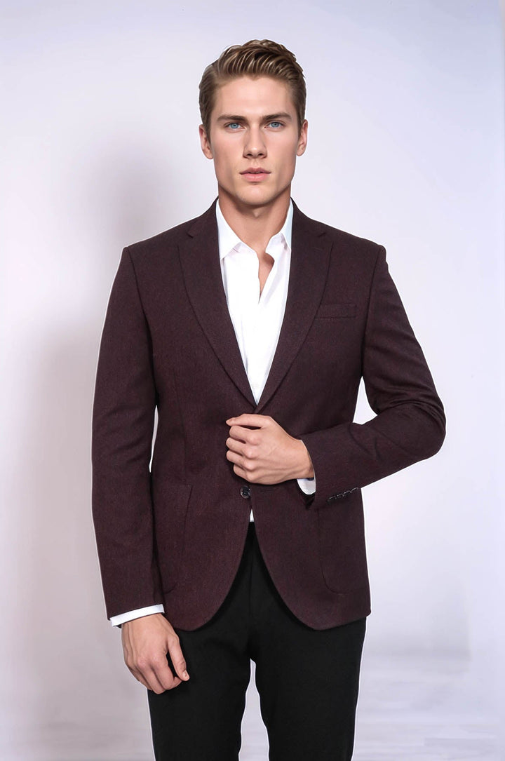 WSS Textured Slim Fit Peak Lapel Burgundy Men Blazer  - St. Paul