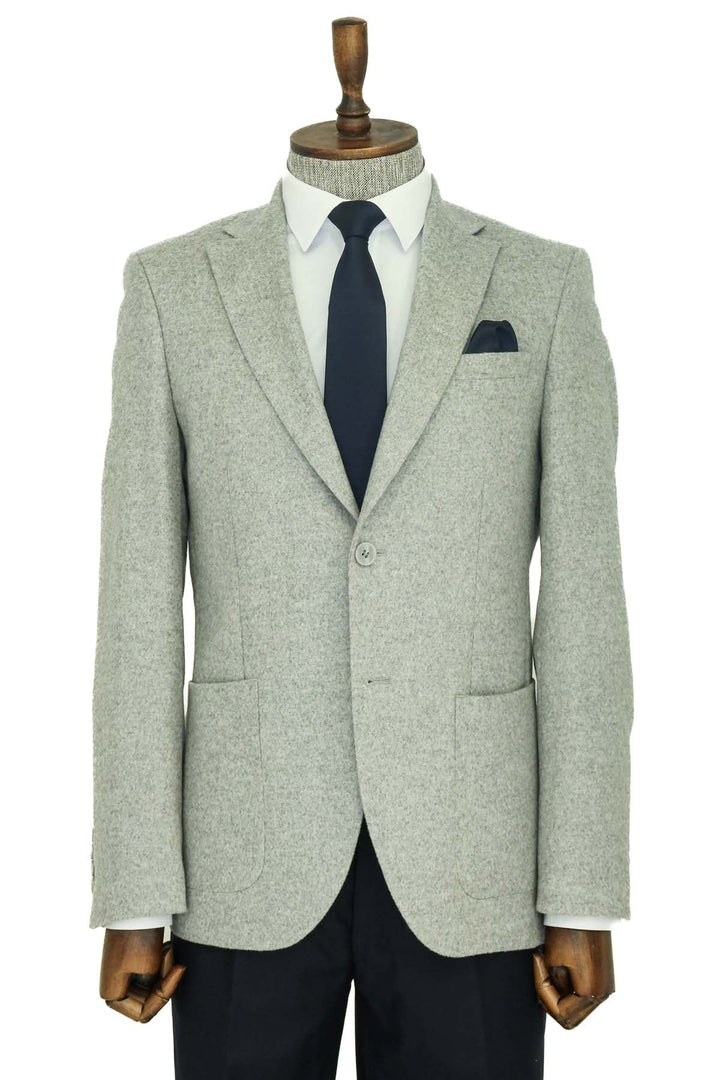 WSS Slim Fit Plain Wide Lapel Grey Men Wool Blazer  - Comitán