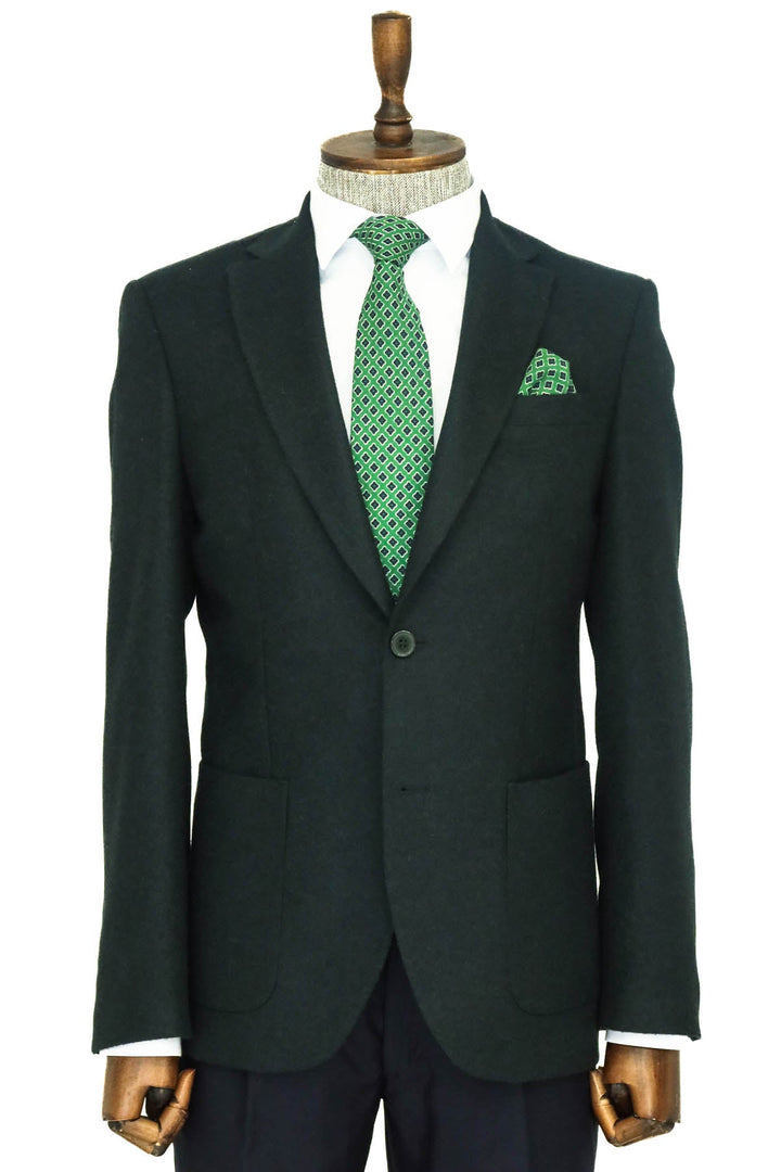 WSS Slim Fit Plain Wide Lapel Green Men Wool Blazer  - Rock Hill