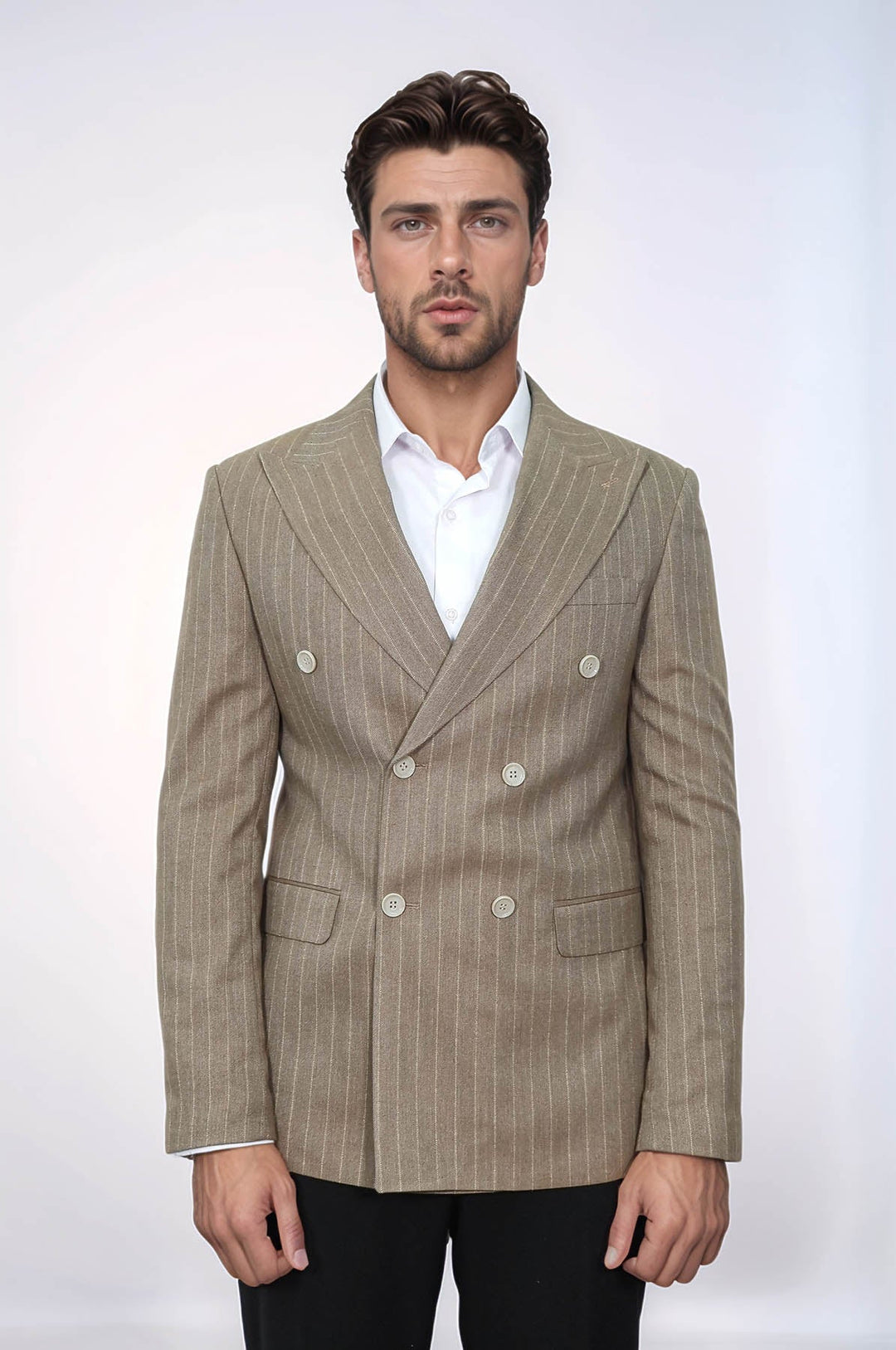 WSS Striped Double Breasted Light Brown Men Blazer  - Mieres