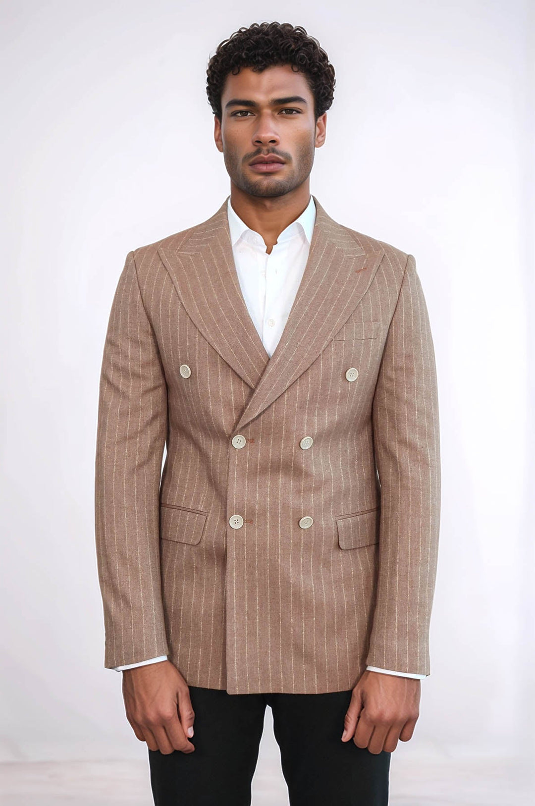 WSS Striped Double Breasted Beige Men Blazer  - Melle