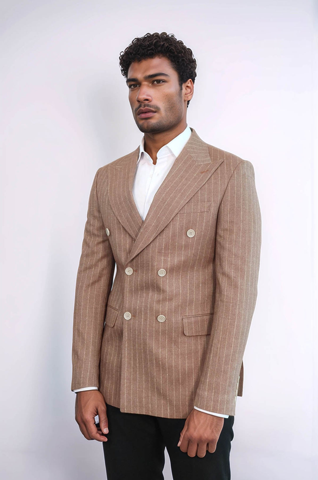 WSS Striped Double Breasted Beige Men Blazer  - Melle