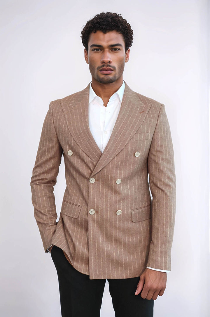 WSS Striped Double Breasted Beige Men Blazer  - Melle