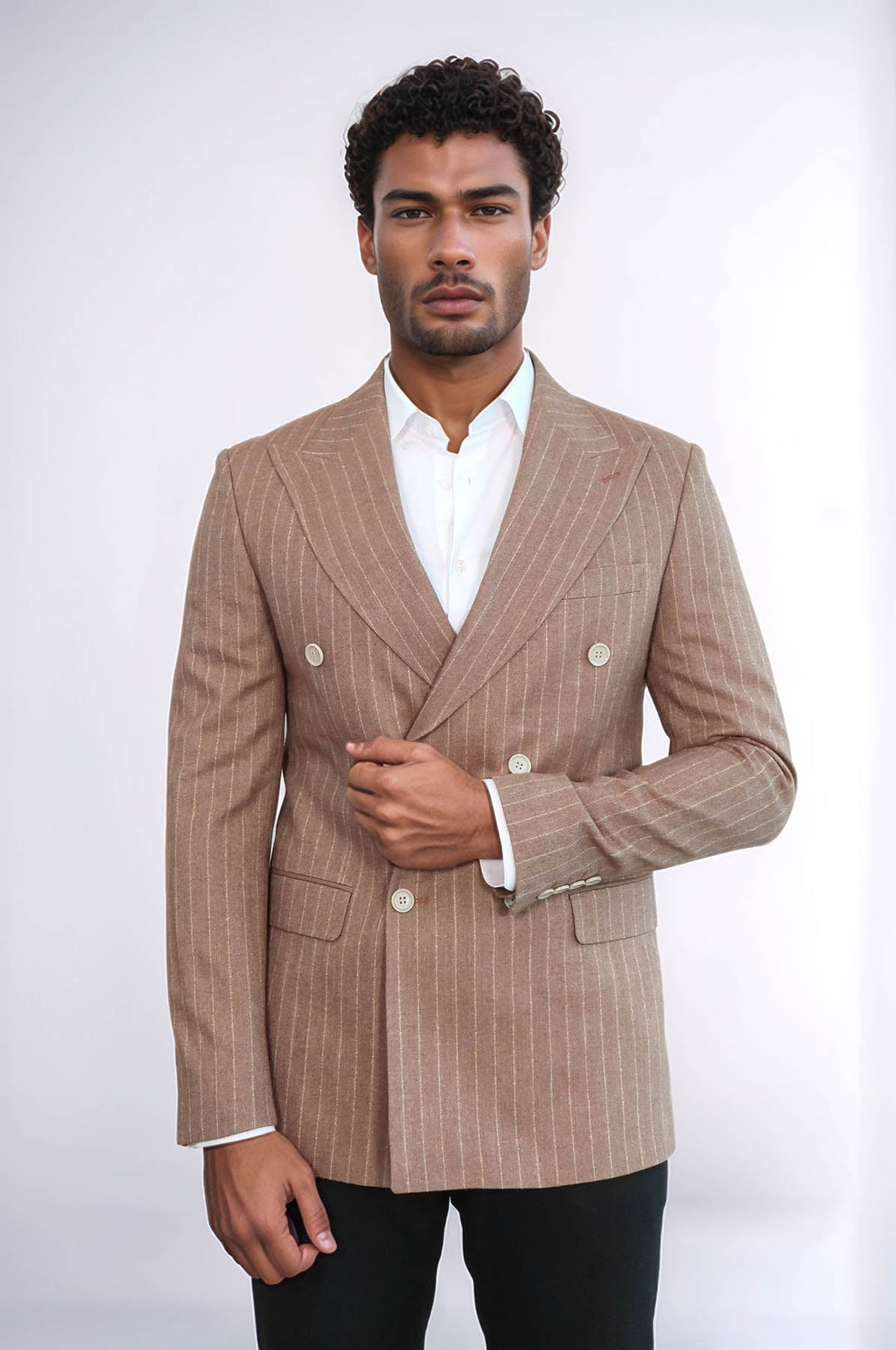 WSS Striped Double Breasted Beige Men Blazer  - Melle