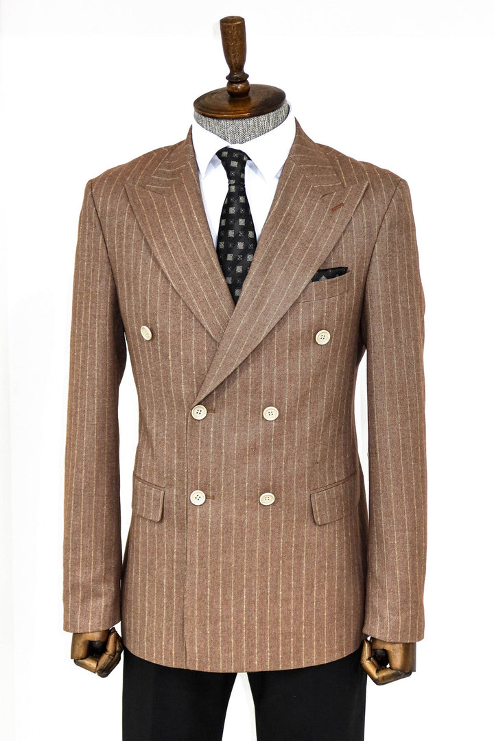 WSS Striped Double Breasted Beige Men Blazer and Trousers Combination - Dráma