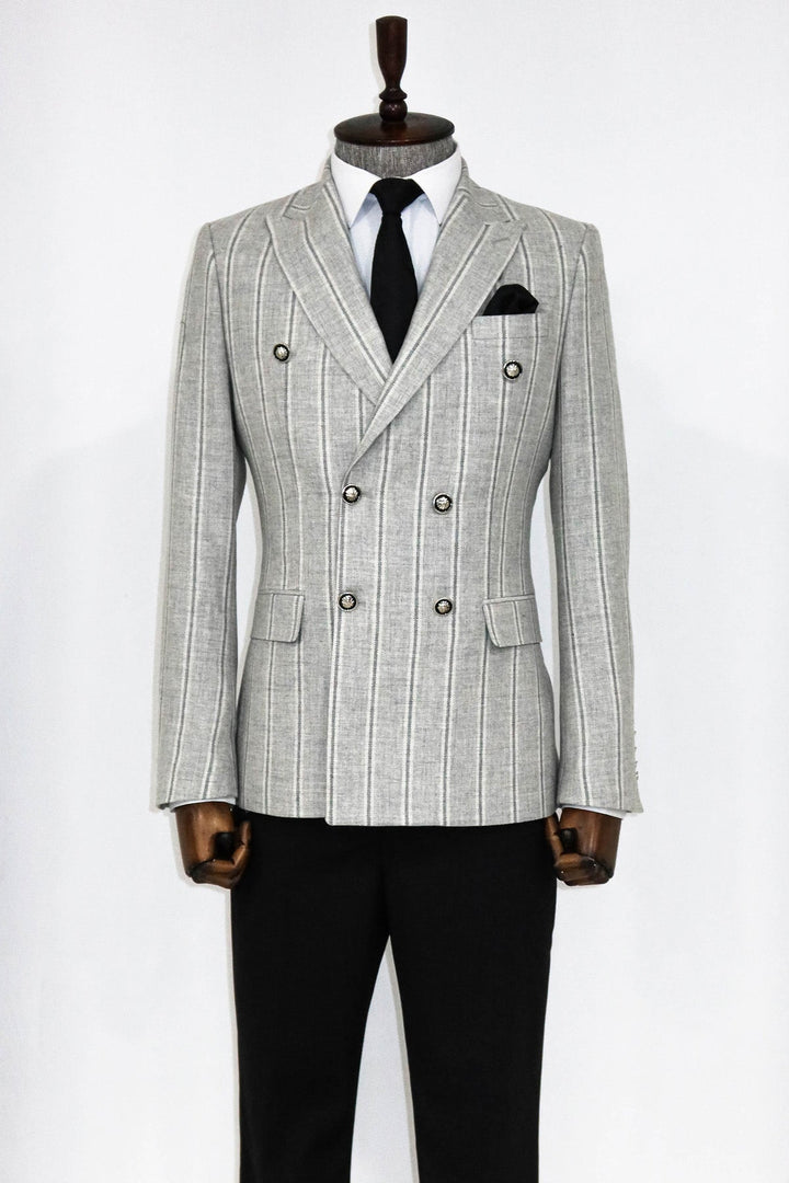 WSS Wide Lapel Striped Double Breasted Grey Men Blazer and Trousers Combination - Carpi