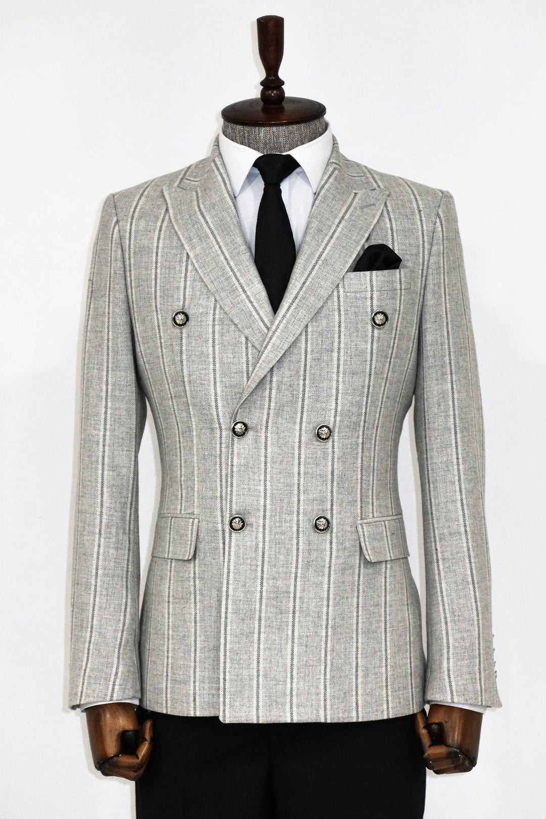 WSS Wide Lapel Striped Double Breasted Grey Men Blazer and Trousers Combination - Carpi