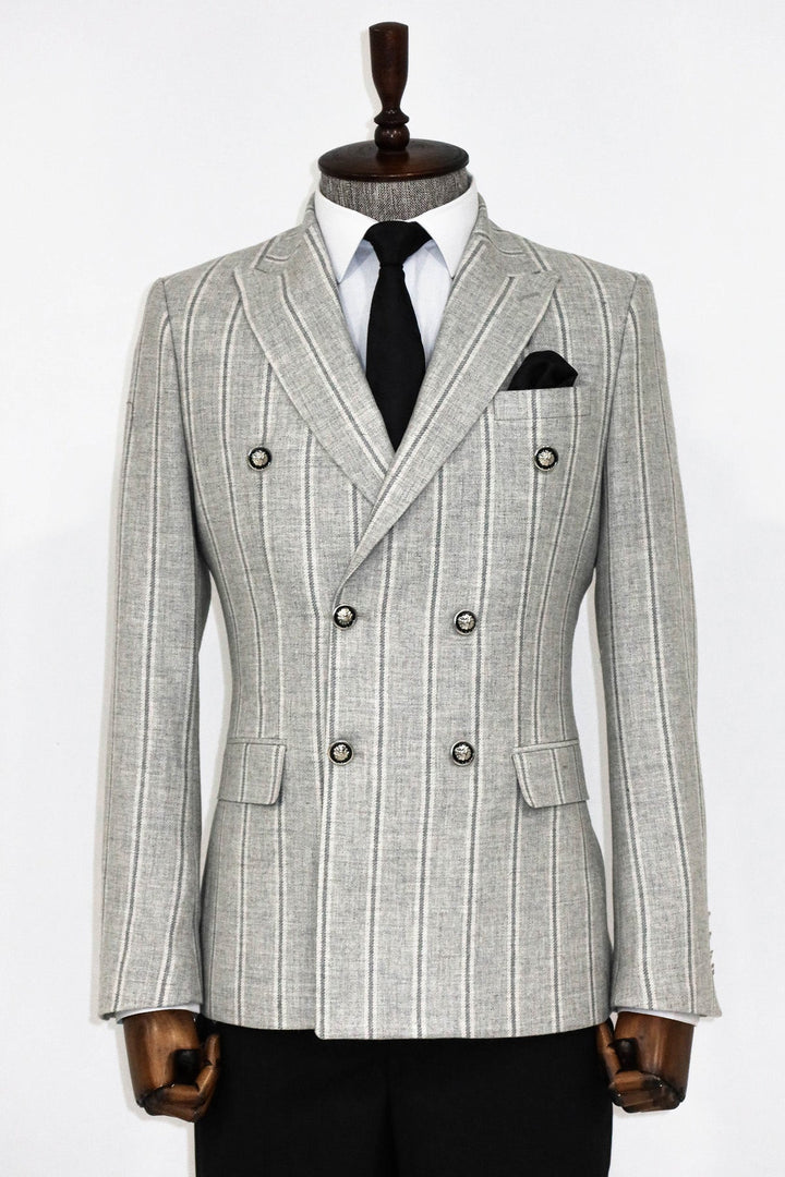 WSS Wide Lapel Striped Double Breasted Grey Men Blazer and Trousers Combination - Carpi