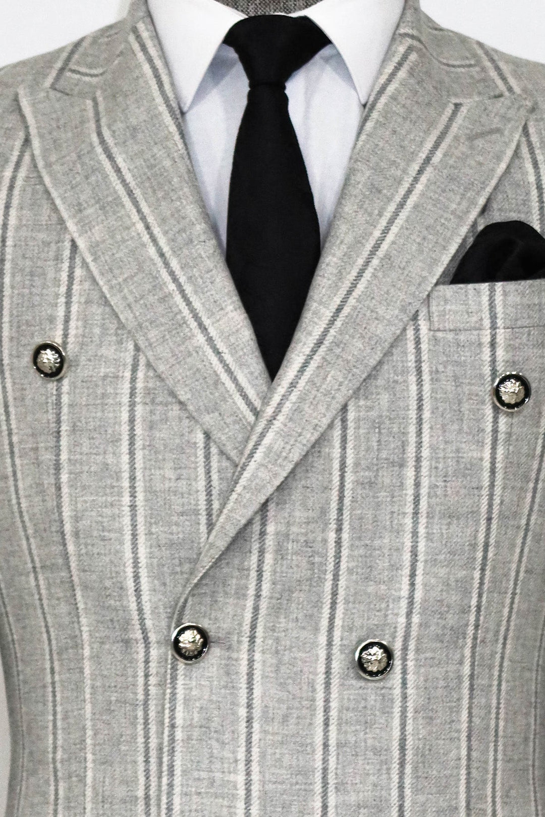WSS Wide Lapel Striped Double Breasted Grey Men Blazer and Trousers Combination - Carpi
