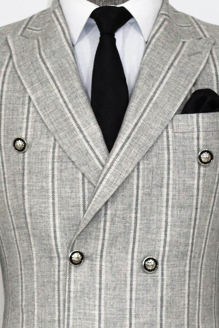 WSS Wide Lapel Striped Double Breasted Grey Men Blazer and Trousers Combination - Carpi