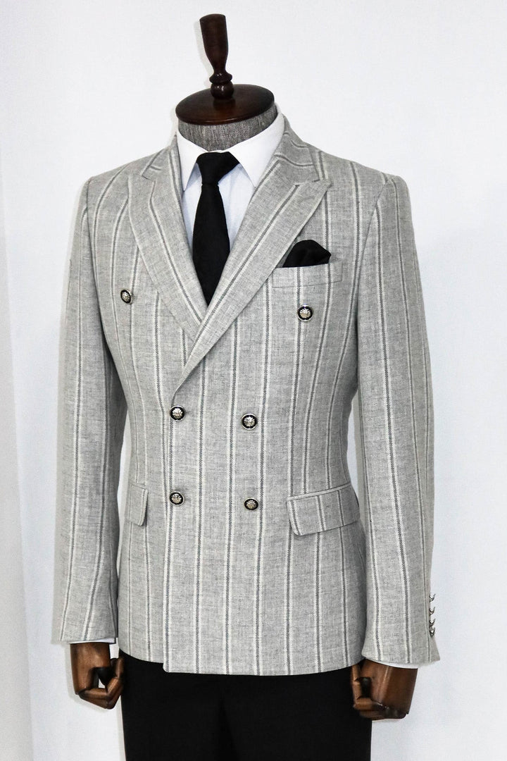 WSS Wide Lapel Striped Double Breasted Grey Men Blazer and Trousers Combination - Carpi