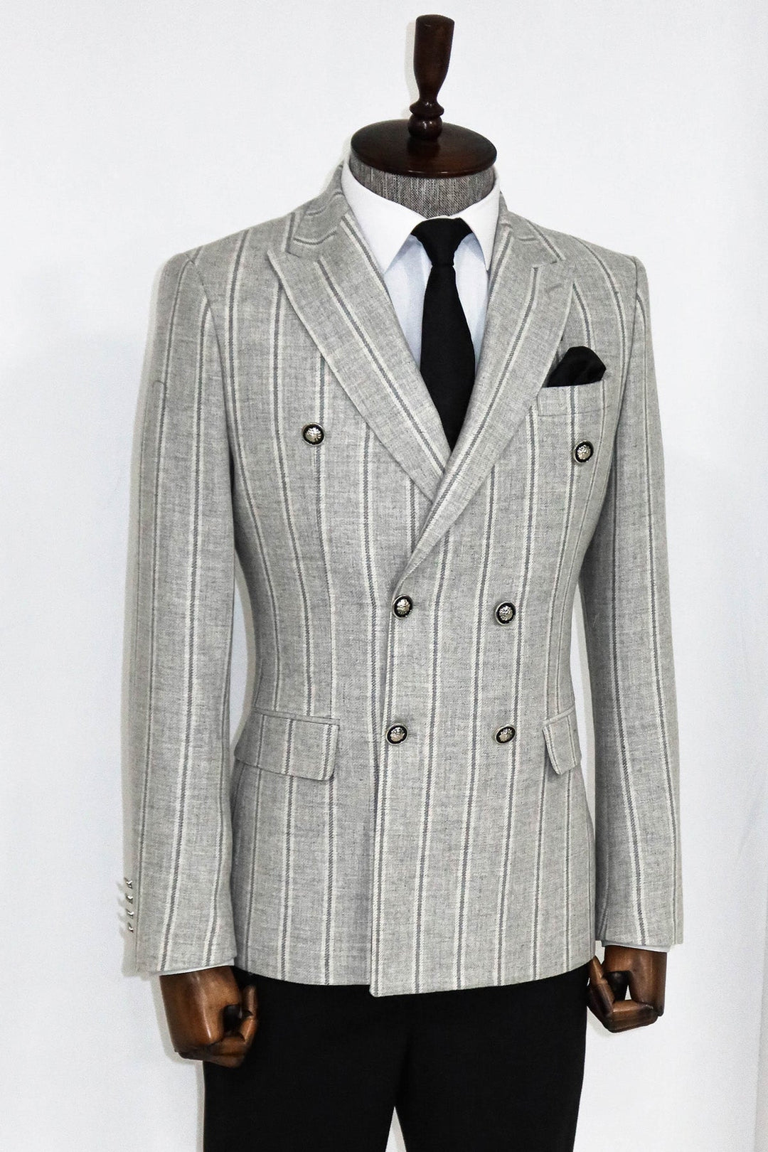 WSS Wide Lapel Striped Double Breasted Grey Men Blazer and Trousers Combination - Carpi