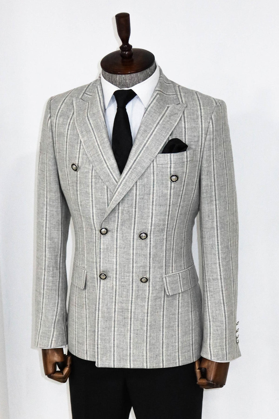 WSS Wide Lapel Striped Double Breasted Grey Men Blazer and Trousers Combination - Carpi