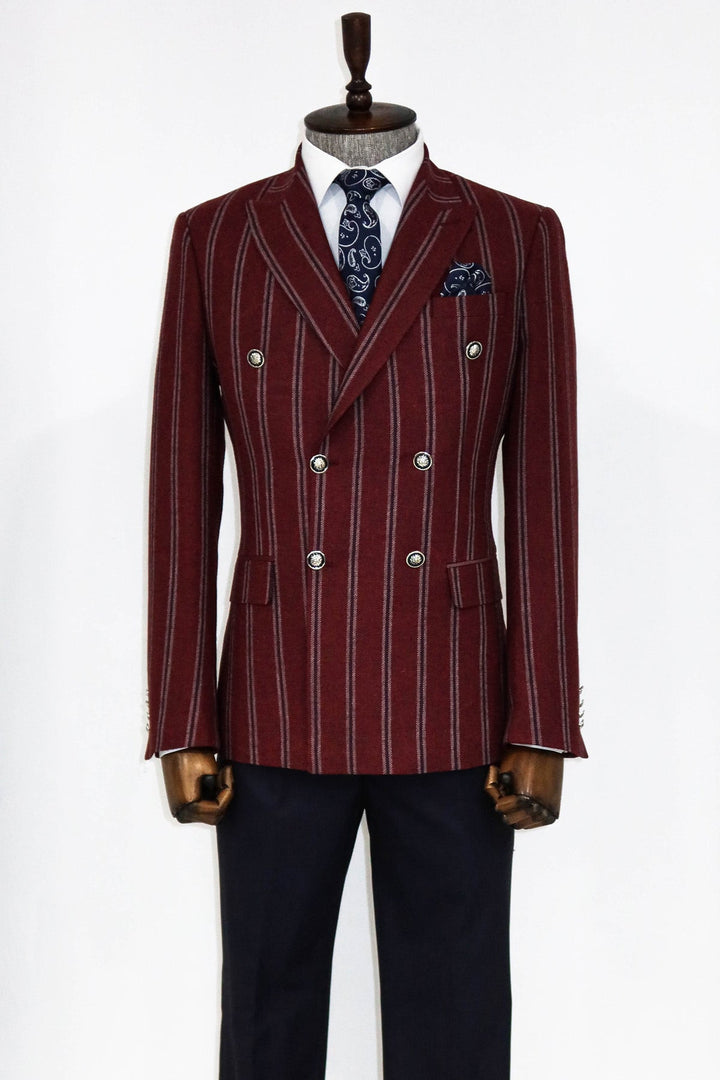 WSS Wide Lapel Striped Double Breasted Burgundy Men Blazer and Trousers Combination  - Pénjamo