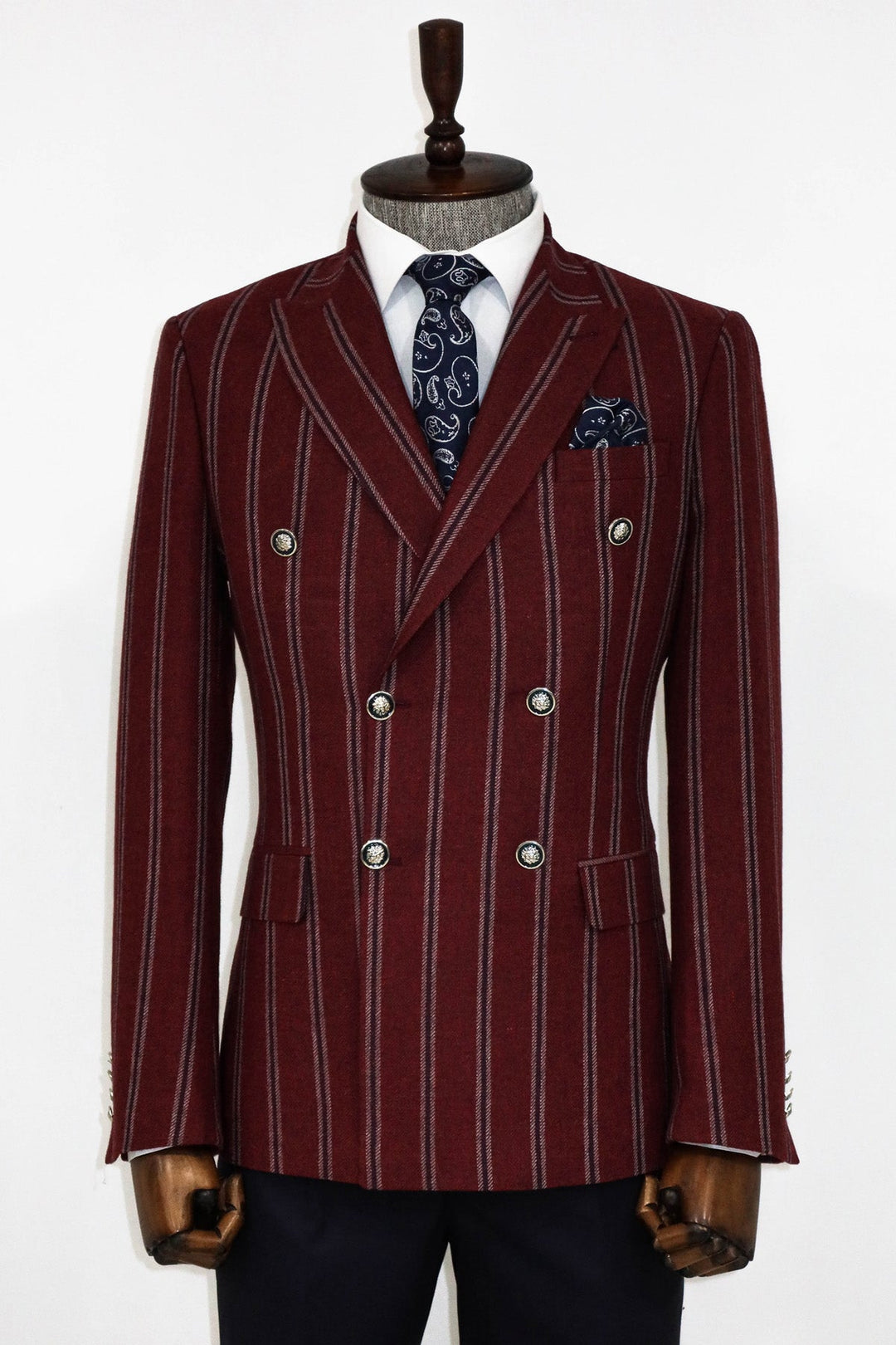 WSS Wide Lapel Striped Double Breasted Burgundy Men Blazer and Trousers Combination  - Pénjamo