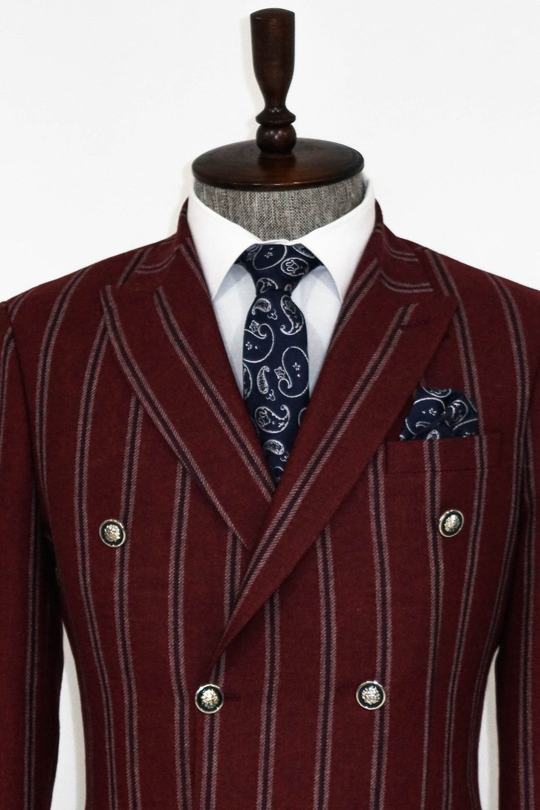 WSS Wide Lapel Striped Double Breasted Burgundy Men Blazer and Trousers Combination  - Pénjamo