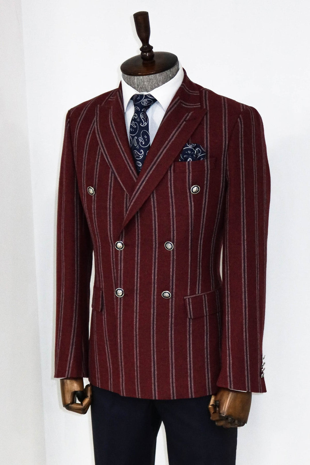 WSS Wide Lapel Striped Double Breasted Burgundy Men Blazer and Trousers Combination  - Pénjamo