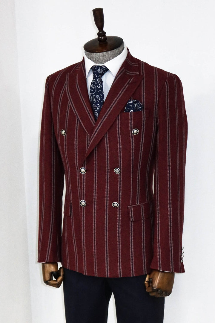 WSS Wide Lapel Striped Double Breasted Burgundy Men Blazer and Trousers Combination  - Pénjamo